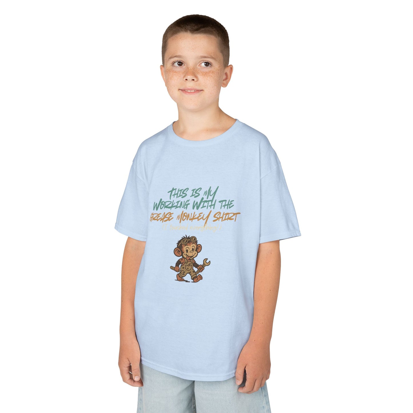 Kids “Working with the Grease Monkey” Tee – Funny Mechanic Helper Shirt, Messy Sidekick Vibes