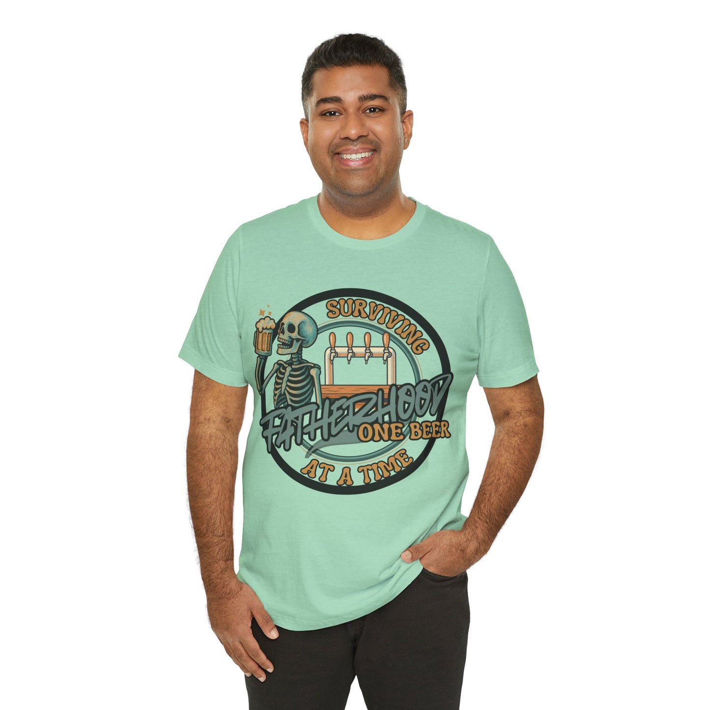 Dad Heather Tee — Surviving Fatherhood One Beer at a Time • Funny Dad Beer Shirt • Bella Canvas 3001