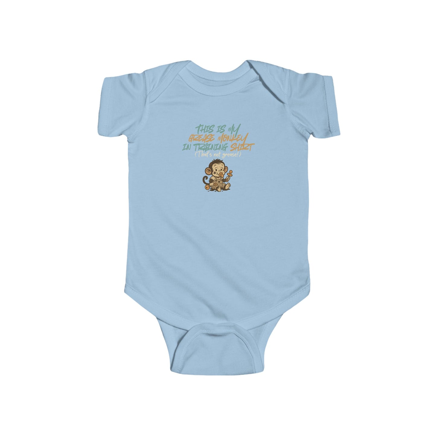 "Grease Monkey in Training" Baby Bodysuit. Funny infant one-piece with Monkey design Mechanic in training