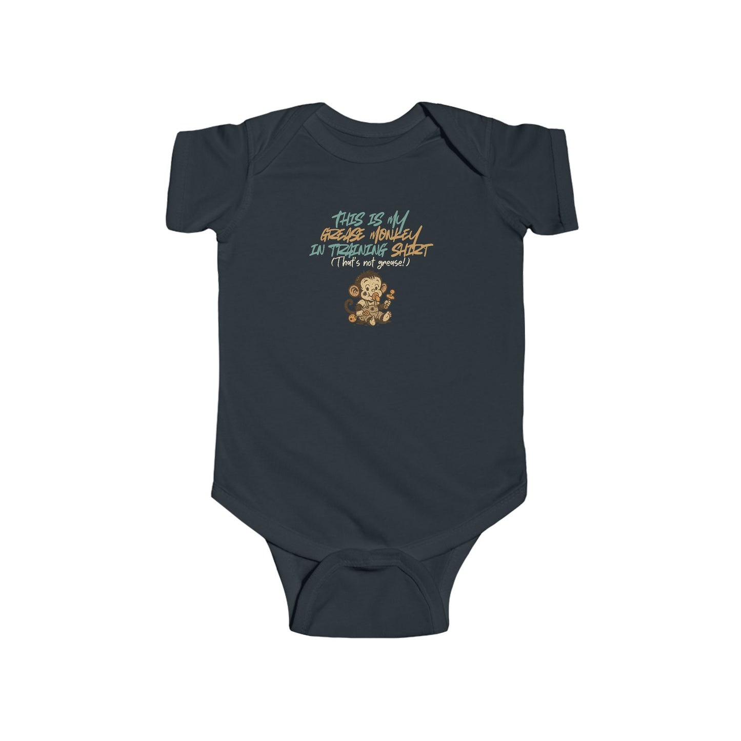 "Grease Monkey in Training" Baby Bodysuit. Funny infant one-piece with Monkey design Mechanic in training