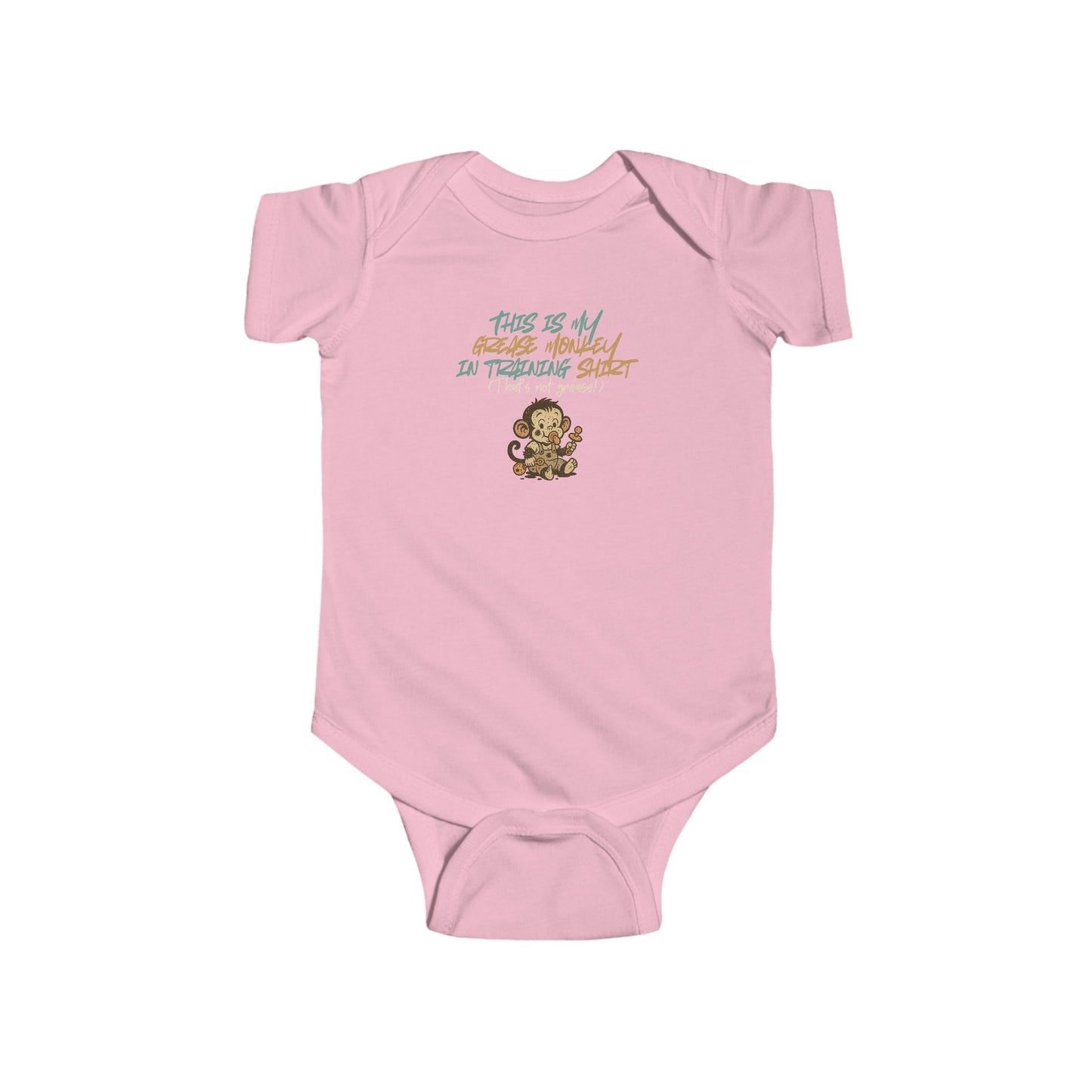 "Grease Monkey in Training" Baby Bodysuit. Funny infant one-piece with Monkey design Mechanic in training